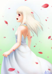 Rule 34 | 1girl, :d, backless dress, backless outfit, blurry, blurry foreground, dress, fate/stay night, fate (series), floating hair, from side, gradient background, green background, gyatto624, hair between eyes, highres, illyasviel von einzbern, long dress, long hair, open mouth, petals, profile, red eyes, shoulder blades, silver hair, sleeveless, sleeveless dress, smile, solo, standing, straight hair, twitter username, white background, white dress