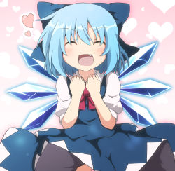 Rule 34 | 1girl, :d, blue dress, blue hair, blush, cirno, do (4-rt), dress, closed eyes, fang, hands on own chest, heart, highres, ice, ice wings, open mouth, puffy sleeves, shirt, short sleeves, smile, solo, touhou, wings