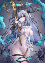 Rule 34 | 1girl, absurdres, arknights, arm guards, breasts, broken staff, cleavage, closed mouth, collarbone, cowboy shot, female focus, front ponytail, gradient background, grey background, grey hair, grey headwear, groin, highres, holding, holding staff, long hair, looking at viewer, low-tied long hair, medium breasts, nipples, nude, official alternate costume, qinshi-ji, red eyes, shawl, skadi (arknights), skadi the corrupting heart (arknights), skadi the corrupting heart (sublimation) (arknights), solo, staff, sweat, thigh strap, very long hair