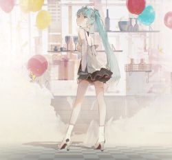 Rule 34 | 1girl, absurdres, aqua eyes, aqua hair, balloon, bottle, detached sleeves, euroroyan, from behind, hatsune miku, high heels, highres, holding, holding tray, long hair, looking back, miniskirt, skirt, sleeveless, solo, tray, twintails, vocaloid
