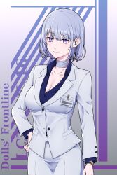 Rule 34 | 1girl, alternate costume, bandaged neck, bandages, belt, breasts, cleavage, closed mouth, collarbone, collared shirt, formal, girls&#039; frontline, grey belt, grey skirt, grey suit, hand on own hip, highres, id card, kukurus, large breasts, pale skin, purple eyes, purple shirt, rpk-16 (girls&#039; frontline), rpk-16 (renate) (girls&#039; frontline), shirt, short hair, silver hair, skirt, smile, suit, unbuttoned, unbuttoned shirt, watch