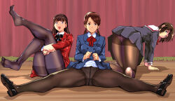 Rule 34 | 3girls, all fours, ass, black bow, black bowtie, black footwear, black pantyhose, blazer, blue jacket, bow, bowtie, breasts, brown eyes, brown hair, buttoned cuffs, buttons, closed mouth, clothes lift, collared shirt, curtains, dress shirt, highres, hugging own legs, jacket, kamisimo 90, light smile, loafers, long hair, long sleeves, looking at viewer, medium breasts, medium hair, multiple girls, open mouth, original, panties, panties under pantyhose, pantyhose, pantyshot, pleated skirt, purple eyes, red bow, red bowtie, red curtains, red jacket, sailor collar, school uniform, serafuku, shirt, shoes, short twintails, sitting, skirt, skirt lift, small breasts, split, spread legs, stage, thighs, twintails, underwear, white shirt
