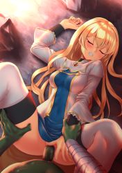 Rule 34 | .357-inch, 10s, 1boy, 1girl, bad id, bad pixiv id, blonde hair, blush, boots, breasts, censored, clenched teeth, clothes lift, colored skin, covered navel, dress, dress lift, closed eyes, frilled sleeves, frills, gem, goblin slayer!, green skin, hetero, highres, holding another&#039;s wrist, long hair, lying, medium breasts, mosaic censoring, on back, on floor, orc, penis, priestess (goblin slayer!), pussy, rape, rock, sex, solo focus, spread legs, tears, teeth, thigh boots, thighhighs, vaginal