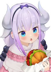Rule 34 | 1girl, :o, beads, blue eyes, blunt bangs, blush, burger, capelet, commentary request, dragon girl, dragon horns, dress, drooling, food, hair beads, hair ornament, hairband, highres, holding, holding food, horns, kanna kamui, kobayashi-san chi no maidragon, light purple hair, long hair, low twintails, open mouth, simple background, solo, sparkle, twintails, upper body, white background, yuya (yuya illust)