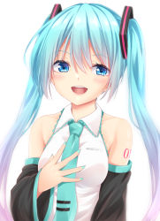 Rule 34 | 1girl, :d, aqua hair, aqua nails, aqua necktie, bare shoulders, blue eyes, blush, commentary, detached sleeves, gradient hair, hair between eyes, hand on own chest, hatsune miku, highres, hisae (hisae collect), long hair, long sleeves, looking at viewer, multicolored hair, nail polish, necktie, open mouth, purple hair, shirt, shoulder tattoo, simple background, smile, solo, tattoo, twintails, upper body, vocaloid, white background, white shirt, wide sleeves