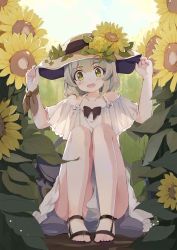 Rule 34 | 1girl, :d, bare legs, bare shoulders, black bow, blue sky, blush, bow, clothes between thighs, collarbone, commentary, coria, day, dress, flower, full body, green eyes, green hair, hands on headwear, hat, hat flower, highres, komeiji koishi, leaf, looking at viewer, open mouth, outdoors, ribbon, sandals, short sleeves, sky, smile, solo, squatting, sun hat, sunflower, symbol-only commentary, touhou, white dress, wrist ribbon, yellow flower