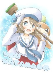 Rule 34 | 10s, 1girl, blue eyes, blush, character name, cleaning brush, gloves, grey hair, hat, lifebuoy, long sleeves, looking at viewer, love live!, love live! sunshine!!, neckerchief, open mouth, sailor hat, salute, sanpo, school uniform, serafuku, short hair, swim ring, uchicchii, upper body, watanabe you, water, white gloves