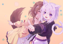 Rule 34 | 2girls, 54hao, :d, animal ear fluff, animal ears, black hoodie, blue bow, blush, bow, braid, breasts, brown background, brown hair, cat ears, cat girl, cat tail, choker, cleavage, closed eyes, closed mouth, clothing cutout, collarbone, commentary request, crop top, dog ears, dog girl, dog tail, dress, hair over shoulder, highres, hololive, hood, hood down, hoodie, inugami korone, inugami korone (1st costume), jacket, long sleeves, low twintails, medium breasts, midriff, multiple girls, nekomata okayu, nekomata okayu (1st costume), open clothes, open jacket, open mouth, outstretched arm, pants, pointing, puffy long sleeves, puffy sleeves, purple eyes, purple hair, red bow, red choker, simple background, sleeves past wrists, smile, star (symbol), tail, tail through clothes, twin braids, twintails, virtual youtuber, white dress, white pants, yellow jacket