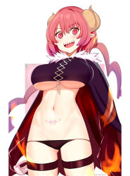 Rule 34 | 1girl, bad id, bad twitter id, blush, breasts, cameltoe, dragon girl, female focus, highres, horns, ilulu (maidragon), kobayashi-san chi no maidragon, large breasts, looking at viewer, navel, open mouth, pink eyes, pink hair, pointy ears, pubic tattoo, rezodwel, self-upload, sharp teeth, shiny skin, simple background, smile, solo, stomach tattoo, tattoo, teeth, thong, underboob, upper teeth only