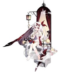 Rule 34 | 1girl, absurdly long hair, ankle cuffs, apple, azur lane, bare shoulders, barefoot, bird, black choker, blush, bow, breasts, choker, christmas, coat, collarbone, crescent, criss-cross halter, cross hair ornament, curtains, dress, fang, food, frilled dress, frills, fruit, full body, fur-trimmed coat, fur-trimmed sleeves, fur trim, gift, hair between eyes, hair bow, hair ornament, hair ribbon, hairclip, halterneck, hand up, highres, lantern, long hair, long sleeves, looking at viewer, manjuu (azur lane), multicolored clothes, multicolored dress, non-web source, off shoulder, official alternate costume, official art, one side up, open mouth, pointing, pointing at self, red bow, red dress, red eyes, red ribbon, ribbon, saru, sitting, sleeveless, small breasts, smile, smoke, solo, star (symbol), striped, tongue, tongue out, two-sided coat, two-sided fabric, vampire (azur lane), vampire (night princess&#039;s festive feast) (azur lane), very long hair, white coat, white dress, white hair, x hair ornament