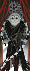 Rule 34 | absurdres, animal head, bird, black cape, black pants, black souls, cape, dagger, gears, highres, holding, holding dagger, holding knife, holding sword, holding weapon, knife, looking at viewer, lorde (black souls), owl, owl boy, pants, red curtains, sio2 (whynotkarma), stage curtains, sword, weapon, whip sword
