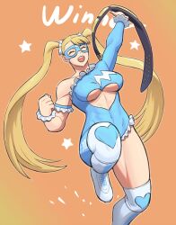 Rule 34 | 1girl, bare shoulders, blonde hair, blue eyes, breasts, championship belt, closed eyes, clothing cutout, happy, heart, heart cutout, large breasts, mask, noppo (tarstation), rainbow mika, sleeveless, street fighter, underboob, wrestling outfit