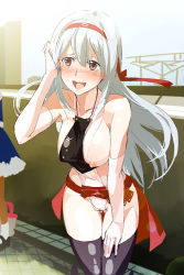 Rule 34 | 10s, 1girl, black thighhighs, blush, bodysuit, breast slip, breasts, brown eyes, elbow gloves, gloves, hairband, hand in own hair, kantai collection, leaning forward, long hair, nipples, one breast out, revealing clothes, ruuto (sorufu), scratching head, shoukaku (kancolle), silver hair, solo, standing, thighhighs, yellow eyes