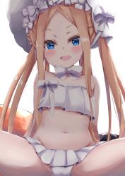 Rule 34 | 1girl, :d, abigail williams (fate), abigail williams (swimsuit foreigner) (fate), abigail williams (swimsuit foreigner) (third ascension) (fate), amano kouki, bare arms, bare shoulders, bikini, blonde hair, blue eyes, blush, bonnet, bow, commentary request, fate/grand order, fate (series), forehead, hair bow, highres, innertube, long hair, navel, open mouth, parted bangs, sidelocks, simple background, smile, solo, spread legs, strapless, strapless bikini, striped, striped bow, swim ring, swimsuit, twintails, very long hair, white background, white bikini, white bow, white headwear