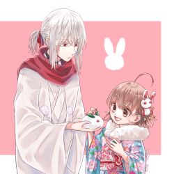 Rule 34 | 1boy, 1girl, accelerator (toaru majutsu no index), age difference, ahoge, albino, androgynous, black choker, blue kimono, border, child, choker, closed mouth, colored eyelashes, floral print, fur scarf, hair ornament, haori, highres, japanese clothes, kimono, last order (toaru majutsu no index), light frown, long sleeves, looking at object, low ponytail, medium hair, official alternate costume, open mouth, pale skin, print kimono, print sash, rabbit hair ornament, red background, red eyes, red scarf, reimei (1988), sanpaku, scarf, sidelocks, smile, snow rabbit, standing, toaru majutsu no index, upper body, white border, white hair, white kimono, white scarf, wide sleeves