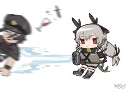 Rule 34 | 1boy, 1girl, absurdres, alcohol, arknights, black gloves, black headwear, black jacket, boots, buchi0122, chibi, closed mouth, cup, drinking glass, eyebrows hidden by hair, gloves, grey footwear, grey hair, grey skirt, hair between eyes, hat, highres, holding, jacket, jesselton williams (arknights), long hair, motion blur, peaked cap, red eyes, short eyebrows, simple background, skirt, tail, thick eyebrows, water, weedy (arknights), white background, wine, wine glass