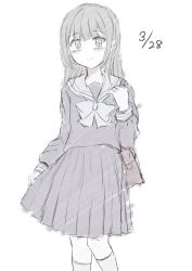 Rule 34 | 1girl, 7 calpis 7, blush, bow, closed mouth, commentary request, dated, greyscale, hair between eyes, hand up, highres, kneehighs, long hair, long sleeves, monochrome, original, pleated skirt, sailor collar, school uniform, serafuku, shirt, simple background, skirt, smile, socks, solo, white background