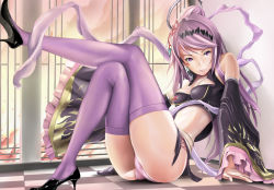 Rule 34 | 1girl, arm support, ass, bad id, bad pixiv id, bare shoulders, checkered floor, chinese clothes, detached sleeves, earrings, facial mark, floor, hair ornament, high heels, jewelry, kananpuu, midriff, mogmog, panties, ponytail, purple eyes, purple hair, purple thighhighs, sangokushi taisen, shoes, sitting, solo, thighhighs, trefoil, underwear