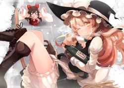 Rule 34 | &gt;;), &gt; &lt;, 2girls, apron, blonde hair, blush, boots, bottle, bow, braid, broom, broom riding, brown hair, commentary request, cross-laced footwear, closed eyes, hair bow, hakurei reimu, hat, hat bow, juliet sleeves, kirisame marisa, knee boots, long sleeves, multiple girls, one eye closed, open mouth, outstretched arms, puffy sleeves, sake bottle, shin (new), shirt, single braid, skirt, skirt set, smile, touhou, v-shaped eyebrows, vest, waist apron, wide sleeves, witch hat, yellow eyes