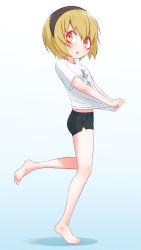 Rule 34 | 1girl, absurdres, ass, barefoot, black shorts, blonde hair, blue background, blush, breasts, full body, gradient background, hair ornament, hairband, highres, jashin-chan dropkick, looking to the side, multicolored eyes, open mouth, pekora (jashin-chan dropkick), red eyes, sat-c, shadow, shiny skin, shirt, short hair, short shorts, shorts, simple background, small breasts, solo, standing, standing on one leg, white background, white shirt, yellow eyes