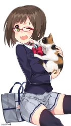 Rule 34 | 10s, 1girl, absurdres, animal, animal hands, bag, black thighhighs, blazer, blush, bow, breasts, brown hair, cat, cat paws, fang, glasses, green eyes, highres, holding, holding animal, idolmaster, idolmaster cinderella girls, jacket, charm (object), kuro chairo no neko, large breasts, long sleeves, maekawa miku, one eye closed, open mouth, pleated skirt, red ribbon, ribbon, school bag, school uniform, short hair, simple background, sitting, skirt, smile, solo, thighhighs, twitter username, uniform, white background
