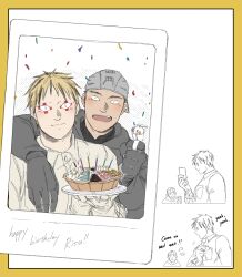 Rule 34 | 2boys, aikawa (dorohedoro), arms around neck, baseball cap, black hair, blonde hair, blush, colored tips, confetti, couple, doodle inset, dorohedoro, english text, facial mark, happy, hat, holding, holding photo, jade drop, looking at another, looking at object, male focus, medium sideburns, monochrome, multicolored hair, multiple boys, no eyebrows, partially colored, photo (object), risu (dorohedoro), selfie, thick eyebrows, yaoi