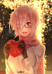 Rule 34 | 1girl, :d, black-framed eyewear, black gloves, blurry, blurry background, blush, bow, casual, coat, eyes visible through hair, fate/grand order, fate (series), gift bag, gloves, hair over one eye, holding, holding bow (ornament), lens flare, looking at viewer, mash kyrielight, mash kyrielight (fgo x lawson), open mouth, pink eyes, pink hair, pink scarf, romuni, scarf, semi-rimless eyewear, short hair, smile, solo, under-rim eyewear, upper body, white coat, winter clothes, winter coat