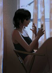Rule 34 | 1girl, black camisole, black hair, camisole, chainsaw man, cigarette, crop top, curtains, dark, eyepatch, facing to the side, feet on chair, highres, himeno (chainsaw man), holding, holding cigarette, holding lighter, lighter, parted lips, short hair, sitting, solo, sudstance, twitter username