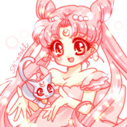 Rule 34 | 1990s (style), 1girl, :d, bare shoulders, bishoujo senshi sailor moon, bishoujo senshi sailor moon supers, cat, chibi usa, cone hair bun, crescent, crescent facial mark, diana (sailor moon), double bun, dress, facial mark, forehead mark, hair bun, hair ornament, hairpin, long hair, lowres, aged up, open mouth, pink dress, pink hair, red eyes, retro artstyle, shirataki kaiseki, signature, small lady serenity, smile, strapless, strapless dress, twintails, upper body, white background
