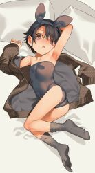 Rule 34 | 1girl, animal ears, arm up, armpits, ass, bags under eyes, black hair, black leotard, blush, clothes down, fake animal ears, flat chest, full body, grey eyes, highres, jacket, leotard, looking at viewer, lying, miyamae (miyazen9311), on side, open mouth, original, pillow, playboy bunny, short hair, short haired girl (miyazen), socks, solo