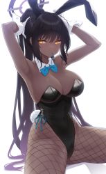 Rule 34 | absurdres, animal ears, aqua ribbon, black leotard, blue archive, blue bow, blue bowtie, blush, bow, bowtie, breasts, cleavage, covered navel, curvy, dark-skinned female, dark skin, detached collar, fake animal ears, fishnet pantyhose, fishnets, gloves, halo, highleg, highleg leotard, highres, karin (blue archive), karin (bunny) (blue archive), large breasts, leotard, long hair, narynn, official alternate costume, pantyhose, playboy bunny, rabbit ears, ribbon, shiny clothes, shiny skin, side-tie leotard, solo, strapless, strapless leotard, thong leotard, very long hair, white background, white gloves, wide hips, wrist cuffs, yellow eyes