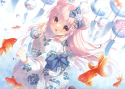 Rule 34 | 1girl, :d, animal, back bow, blue bow, blue flower, blurry, blurry foreground, blush, bow, brown eyes, commentary request, depth of field, double bun, fish, floral print, flower, from behind, goldfish, hair between eyes, hair bow, hair bun, hands up, holding, japanese clothes, kimono, long hair, long sleeves, looking at viewer, looking back, open mouth, original, pink hair, print kimono, smile, solo, striped, striped bow, very long hair, water, water drop, white kimono, wide sleeves, wind chime, yukie (peach candy)