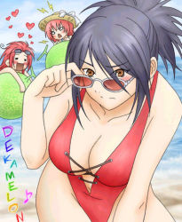 Rule 34 | &gt;:o, 00s, 1boy, 2girls, :d, :o, = =, adjusting eyewear, age difference, angry, beach, black hair, blush, bow, breasts, brother and sister, brown eyes, casual one-piece swimsuit, chibi, cleavage, closed eyes, closed mouth, cloud, cowboy shot, cross-laced clothes, day, expressionless, eyes visible through hair, eyewear on head, food, fruit, fujibayashi sheena, hair between eyes, hat, hat bow, heart, high ponytail, highleg, highleg swimsuit, large breasts, leaning forward, lightning bolt symbol, long hair, looking at viewer, lowres, melon, messy hair, multiple girls, musical note, namco, navel, no pupils, o o, ocean, official alternate costume, one-piece swimsuit, open mouth, outdoors, ponytail, presea combatir, rainbow order, red hair, red one-piece swimsuit, seles wilder, short hair, short ponytail, siblings, sidelocks, sky, smile, spoken heart, sun hat, sunglasses, surprised, swimsuit, tales of (series), tales of symphonia, triangle mouth, v-shaped eyebrows, water, white bow, zelos wilder