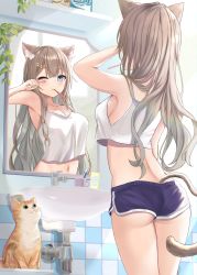 Rule 34 | 1girl, akino ell, animal, animal ears, arm up, armpits, artistic error, ass, back, bad reflection, bare arms, bare shoulders, blue eyes, blue shorts, breasts, brown hair, camisole, cat, cat ears, cat girl, cat tail, crop top, crop top overhang, dolphin shorts, from behind, hair ornament, hairclip, highres, long hair, medium breasts, micro shorts, midriff, mouth hold, navel, one eye closed, original, reflection, shirt, short shorts, shorts, sleeveless, sleeveless shirt, solo, standing, tail, thighs, toothbrush, toothbrush in mouth, white shirt
