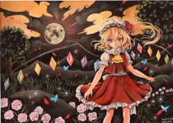 Rule 34 | 1girl, blonde hair, cloud, dated, dress, flandre scarlet, flower, full moon, hat, hat ribbon, looking at viewer, mob cap, moon, mosho, night, pink rose, puffy short sleeves, puffy sleeves, red dress, red eyes, ribbon, rose, sash, shirt, short sleeves, side ponytail, signature, sky, solo, star (sky), starry sky, touhou, traditional media, wings