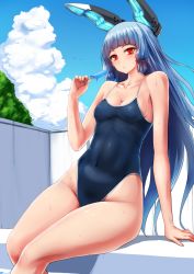 Rule 34 | 10s, 1girl, bad anatomy, bad proportions, blue hair, blunt bangs, blush, breasts, competition school swimsuit, covered navel, food, hair ribbon, headgear, highleg, highleg swimsuit, ishimiso (ishimura), kantai collection, long hair, looking at viewer, murakumo (kancolle), one-piece swimsuit, orange eyes, pool, poorly drawn, popsicle, ribbon, school swimsuit, short eyebrows, solo, swimsuit, tress ribbon