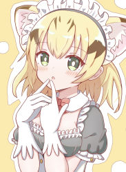 Rule 34 | 1girl, :o, alternate costume, animal ear fluff, animal ears, black dress, black hair, blonde hair, blush, bow, cat ears, collar, commentary request, detached collar, dress, enmaided, fingers to mouth, gloves, green eyes, highres, kemono friends, looking at viewer, maid, maid headdress, multicolored hair, outline, parted lips, puffy short sleeves, puffy sleeves, red bow, sand cat (kemono friends), short sleeves, solo, sunanuko (ramuneko), two-tone hair, upper body, white collar, white gloves, white outline, yellow background