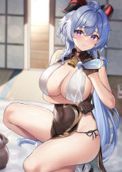 Rule 34 | 1girl, absurdres, ahoge, arm under breasts, bare legs, bell, black gloves, blue hair, blush, bottle, breasts, cleavage, closed mouth, covered navel, cowbell, cup, dress, drinking glass, eric (tianqijiang), ganyu (genshin impact), genshin impact, gloves, goat horns, highres, horns, large breasts, lens flare, long hair, looking at viewer, neck bell, on floor, panties, pelvic curtain, pot, pouring, pouring onto self, purple eyes, revealing clothes, sake bottle, side-tie panties, sliding doors, solo, squatting, suggestive fluid, tatami, thighs, underwear, very long hair, wet