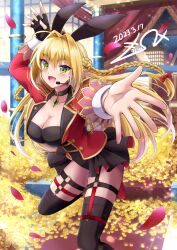 Rule 34 | 1girl, animal ears, black collar, black thighhighs, blush, bow, braid, breasts, coin, collar, covered navel, crown, dated, fate/grand order, fate (series), fingerless gloves, garter straps, gloves, gold coin, green eyes, gu-rahamu omega x, hair bow, headset, highres, large breasts, long sleeves, mini crown, nero claudius (fate), nero claudius (fate) (all), nero claudius (return match) (fate), official alternate costume, open mouth, rabbit ears, reaching, reaching towards viewer, red bow, showgirl skirt, single fingerless glove, solo, thighhighs