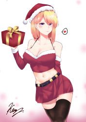 Rule 34 | 1girl, absurdres, alice margatroid, alternate costume, alternate headwear, arm up, artist name, belt, black thighhighs, blonde hair, blue eyes, blush, box, breasts, cleavage, collarbone, commentary request, contrapposto, cowboy shot, crop top, detached sleeves, fur-trimmed shirt, fur-trimmed sleeves, fur trim, gift, gift box, gradient background, hair over one eye, hat, heart, highres, holding, holding box, keenii (kenny86), large breasts, leaning to the side, looking at viewer, midriff, miniskirt, navel, partial commentary, pink background, red skirt, santa hat, shirt, short hair, signature, skirt, solo, spoken heart, standing, thighhighs, touhou, white background, zettai ryouiki