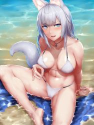 Rule 34 | 1girl, :d, animal ears, bare arms, bare legs, bare shoulders, barefoot, bikini, blue eyes, blunt bangs, blush, breasts, cleavage, collarbone, day, fox ears, fox tail, from above, highres, jewelry, kageshio (276006), large breasts, looking at viewer, looking up, nail polish, navel, necklace, ocean, open mouth, original, purple nails, sekka (kageshio), shiny skin, silver hair, sitting, smile, solo, spread legs, stomach, swimsuit, tail, water, wet, white bikini