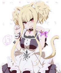 Rule 34 | 10s, 1girl, akata itsuki, alternate costume, animal ears, aoki hagane no arpeggio, apron, arm garter, blonde hair, blush, cat ears, cat tail, choker, dress, enmaided, fang, kemonomimi mode, kongou (aoki hagane no arpeggio), long hair, looking at viewer, maid, maid apron, nose blush, open mouth, out of character, partially translated, paw pose, personification, red eyes, ribbon, sketch, solo, sweat, sweatdrop, tail, translation request, twintails, very long hair, white background, wrist ribbon