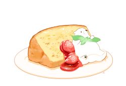 Rule 34 | artist name, bear, cake, chai (drawingchisanne), commentary, cream, food, food focus, fruit, highres, mint, no humans, original, plate, simple background, sitting on food, sponge cake, strawberry, white background