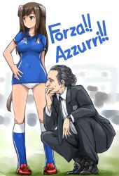 Rule 34 | 1boy, 1girl, 2014 fifa world cup, animal ears, black hair, breasts, business suit, cesare prandelli, coach, commentary, dog ears, dog tail, federica n. doglio, formal, full body, italian flag, italian text, italy, medium breasts, necktie, panties, puma (brand), real life, shiny skin, shoes, soccer, soccer uniform, sportswear, squatting, standing, strike witches, strike witches: kurenai no majo-tachi, suit, tail, translated, underwear, vt (ytoh02), watch, white panties, world cup, world witches series, wristwatch