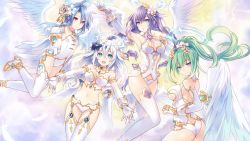 Rule 34 | 10s, 4girls, angel wings, armpits, ass, black hair, black heart (neptunia), blanc (neptunia), blue eyes, blue hair, braid, breasts, butt crack, cleavage, collar, elbow gloves, flat chest, four goddesses online: cyber dimension neptune, game cg, garter belt, garter straps, gem, gloves, green heart (neptunia), hair ornament, halo, highres, jewelry, large breasts, leotard, long hair, looking at viewer, medium breasts, multiple girls, navel, neptune (neptunia), neptune (series), noire (neptunia), official art, open mouth, power symbol, power symbol-shaped pupils, purple eyes, purple hair, purple heart (neptunia), red eyes, short hair, short hair with long locks, sideboob, smile, symbol-shaped pupils, thighhighs, tsunako, twin braids, vert (neptunia), white hair, white heart (neptunia), wings