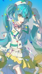 1girl absurdres aqua_eyes aqua_hair beamed_eighth_notes blonde_hair buttons chinese_commentary commentary_request confetti cropped_jacket crossed_bangs double-breasted envelope gradient_hair hand_up hat hatsune_miku highres jacket long_hair looking_at_viewer magical_mirai_(vocaloid) magical_mirai_miku magical_mirai_miku_(2024) multicolored_hair musical_note open_mouth signature skirt smile solo twintails two-tone_hair very_long_hair vocaloid white_hat white_jacket xinjinjumin252973509612 yellow_skirt