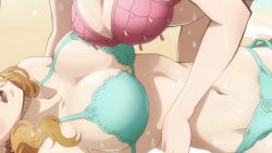 Rule 34 | 2girls, all fours, animated, anime screenshot, arched back, ass, back, beach, bikini, black clover, blonde hair, blush, breasts, brown hair, butt crack, cleavage, collarbone, cousins, curly hair, ear piercing, female focus, girl on top, green bikini, groin, hanging breasts, highres, large breasts, legs, light purple hair, long hair, looking at viewer, lying, mimosa vermillion, multiple girls, navel, noelle silva, ocean, on back, open mouth, orange hair, parted lips, piercing, pink bikini, pointy nose, purple eyes, screencap, shadow, side-tie bikini bottom, sideboob, sky, stomach, swimsuit, thick thighs, thighs, twintails, video, water, wet, wide hips, yellow eyes, yuri