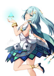 Rule 34 | 1girl, absurdres, aoikito lavender086, aqua hair, bare back, bracelet, commentary, detached sleeves, faruzan (genshin impact), from side, genshin impact, gladiator sandals, green eyes, hair between eyes, hair ornament, head tilt, highres, jewelry, long hair, looking at viewer, looking to the side, neck ring, parted lips, pyramid (geometry), sandals, short sleeves, shoulder blades, sidelocks, simple background, solo, standing, standing on one leg, symbol-shaped pupils, triangle-shaped pupils, twintails, white background, x hair ornament