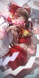 Rule 34 | 1girl, ascot, bow, brown hair, covering own mouth, cowboy shot, detached sleeves, frilled bow, frills, gohei, hair bow, hair tubes, hakurei reimu, highres, holding, kyusoukyu, long hair, looking at viewer, midriff, navel, ofuda, red bow, red shirt, red skirt, ribbon-trimmed sleeves, ribbon trim, shirt, sidelocks, skirt, skirt set, solo, stomach, touhou, wide sleeves