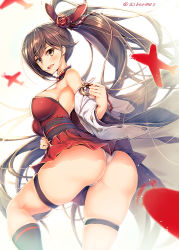 Rule 34 | 1girl, aircraft, airplane, ashermes, ass, azur lane, blush, breasts, brown hair, detached sleeves, dress, floating hair, from behind, hair between eyes, hair ornament, japanese clothes, kneehighs, large breasts, long hair, looking at viewer, looking back, obi, open mouth, panties, ponytail, sash, sidelocks, skindentation, smile, socks, thigh strap, thighs, twisted torso, twitter username, underwear, very long hair, white panties, wide sleeves, zuikaku (azur lane)
